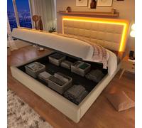 OOIILLEE Telaio letto 180 x 200 cm con rete letto cassettiera 180 x 200 cm con illuminazione a LED, rete sollevabile idraulica, PU, bianco