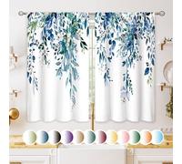 oolygoo - Tende da cucina con fantasia di foglie di eucalipto e fiori, piccole tende da cucina, fantasia di fiori selvatici, per bagno, verde acqua/blu, 70 x 99 cm
