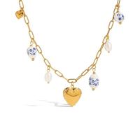 OOOVAVNE Collana con ciondolo in ceramica con perla imitazione a forma di cuore in acciaio inossidabile, accessori versatili alla moda, regalo, 1 pezzo(2 pcs Set)
