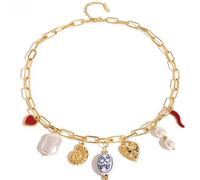 OOOVAVNE Collana pendente alla moda in acciaio inossidabile con perle, conchiglia, cuore, perline in porcellana, peperoncino, gioielli da spiaggia, 1 pezzo