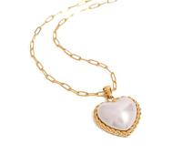 OOOVAVNE Delicata collana con ciondolo a forma di cuore in acciaio inossidabile con texture retrò e perle finte, gioielli da donna, for feste, 1 pezzo