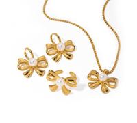 OOOVAVNE Squisito set di orecchini a cerchio con perle intarsiate e fiocco in acciaio inossidabile, collana, anello, gioielli da donna, regalo, 1 pezzo(JDRW2312024)