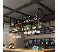 OOPDNEGAK Mensola Soffitto - Portabottiglie Appendere Soffitto 2 Livelli, Supporto Piante Parete In Ferro Battuto, Portabicchieri In Legno Massello, Mensola Decorativa Sospesa(C,80 * 30 * 80CM)