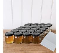 OOPS TOYS Set di 24 vasetti per conserve da 40 ml, mini con coperchio dorato, per marmellata con coperchio a vite, mini vasetti con etichette, piccoli barattoli per marmellata (nero, 24 pezzi)