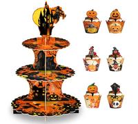 OOTSR Cupcake Stand Cartone 3 Tier Alzata per Torta Muffin, Supporto con 12 Pirottini e 12 Topper per Cupcake per Halloween Festa Decorazioni