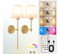 OOWOKS Applique senza cavo di alimentazione con telecomando, lampada da parete a LED a batteria, ricaricabile tramite USB, dimmerabile RGB, applique dorate, applique vintage con paralume in tessuto
