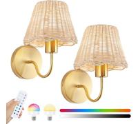 OOWOKS Lampada da parete a batteria Boho in rattan set da 2 pezzi per interni senza allacciamento elettrico con telecomando 15 colori lampada da comodino retrò dimmerabile lampada da camera da letto