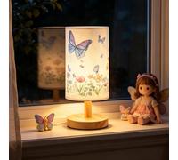 OOWOKS Lampada da tavolo a forma di farfalla per cameretta, lampada da comodino in legno, dimmerabile con cavo USB lampada da tavolo retrò con paralume in tessuto bianco e decorazioni floreali
