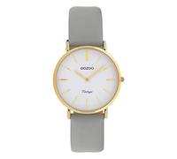 Oozoo Orologio vintage da donna con cinturino in pelle piatta 32 mm, bianco, oro, grigio chiaro, mittel, cinghia