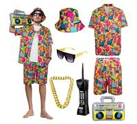 OPAEHJF Completo da Uomo Anni 80 90, Set di 7 Pezzi Completo da Uomo Anni 80 90 Outfit Retro con Camicie e Pantaloncini con Catena d'Oro e Occhiali da Sole, Abbigliamento Sportivo alla Moda per