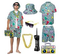 OPAEHJF Costume da uomo anni '80 e '90, 7 pezzi, stile retrò anni '80 e '90, set di magliette e pantaloncini con catena dorata, occhiali da sole, abbigliamento sportivo alla moda per carnevale