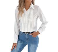 OPAKSENC Camicia da donna elegante con pieghe frontali, maniche lunghe, bottoni, top casual da lavoro e ufficio,Bianca,L