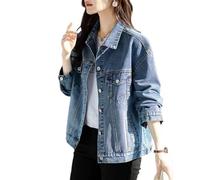 OPAKSENC Giacca di jeans classica blu per donna, oversize, manica lunga, jeans strappato, casual streetwear per primavera e autunno,Blu,M