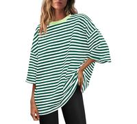 OPAKSENC Maglietta Donna Casual a Maniche Corte in Materiale Felpato con Scollo Rotondo a Righe, Vestibilità Larga, Bluse Estive, Top alla Moda,Verde,L