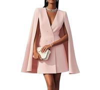 OPAKSENC Vestito Blazer con Mantella da Donna Blazer Doppio Petto Scollo a V Mantella Elegante Vestito Mini da Cocktail per Ospite di Matrimonio,Rosa,XXL