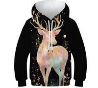 OPCALIS 3D Printed Ragazzi Ragazze Deer Hoodie Reindeer Felpa con Cappuccio Pullover Manica Lunga Casual mit Tasche 12-14Y