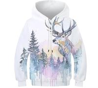 OPCALIS Ragazze Felpa con Cappuccio Deer 3D Printed Pullover Maniche Lunghe Felpa Reindeer con Tasca Bambini Teen Athletic 13-15Y