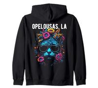 Opelousas LA Cat Indossa Occhiali da Sole e Fiori Design Felpa con Cappuccio