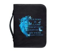 OPENARTUP Custodia per Bibbia Leone di Giuda in pelle PU per uomo, custodia per Bibbia blu con tasca con manico, borse tote con materiale per lo studio, Your Word is A Lamp to My Feet
