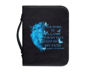 OPENARTUP Custodia per Bibbia Leone di Giuda in pelle PU per uomo, custodia per Bibbia blu con tasca con manico, borse tote con materiale per lo studio, Your Word is A Lamp to My Feet