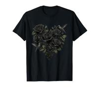 Opera d'Arte Botanica Floreale Gotica Colibrì Rosa Nera Maglietta