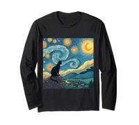 Opera d'arte del gatto nero che osserva il cielo notturno stellato Maglia a Manica