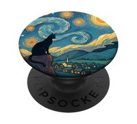 Opera d'arte del gatto nero che osserva il cielo notturno stellato PopSockets PopGrip Adesivo