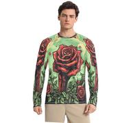 Opera d'Arte Dell'acquerello della Rosa Rossa della Luna Verde Maglia Rash Guard Uomo Girocollo con Protezione Solare UPF 50+,Manica Lunga per Pesca Corsa Outdoor