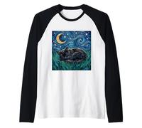 Opera d'Arte di Notte Stellata Stravagante Gatto Nero Addormentato Maglia con Maniche Raglan