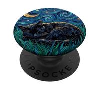 Opera d'arte di notte stellata stravagante gatto nero addormentato PopSockets PopGrip Adesivo