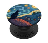 Opera d'arte fantasy ispirata alla notte stellata del gatto nero PopSockets PopGrip Adesivo