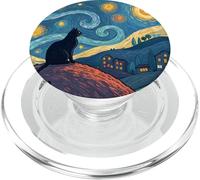 Opera d'arte fantasy ispirata alla notte stellata del gatto nero PopSockets PopGrip per MagSafe