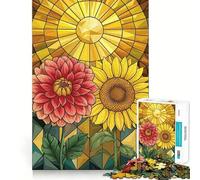 Opera d'arte in vetro colorato Girasole Dalia Puzzle da 1000 pezzi per adolescenti Gioco di abilità di ragionamento Tranquillo Calmo Taglio preciso Sorpresa di Natale 38x52cm