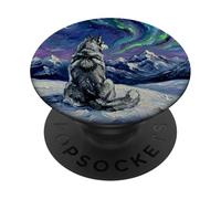 Opera d'arte invernale con cane notturno stellato Husky Aurora boreale PopSockets PopGrip Adesivo