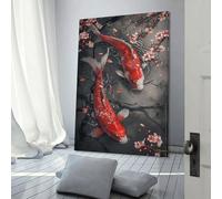 Opera d'arte raffigurante un pesce koi rosso, decorazione da parete rustica per bagno, grigio, 60 x 90 cm