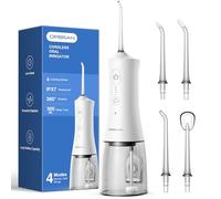 Operan Idropulsore per la pulizia dei denti, 300 ml, senza fili, ricaricabile, irrigatore orale con 4 modalità, 4 punte a getto, IPX7, filo interdentale impermeabile per casa e viaggi (bianco) + 1