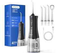 Operan Irrigatore orale senza fili, portatile elettrico, 4 modalità e 4 ugelli, 300 ml, vincitore del test per rimuove i residui di cibo e pulisce i denti (nero, 1 confezione)