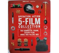 Operation: Action 5 Film Collection includes The Commuet, Crank, Escape Plan, Angel has Fallen, and Red on 4K UHD + Digital