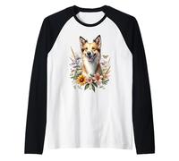 Opere d'arte portoghese Podengo Dog Summer Wildflowers Maglia con Maniche Raglan