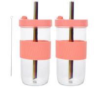 Operitacx Set 2 Bicchieri di Vetro Riutilizzabili con Cannuccia e Copertura in Silicone Antiscivolo e Resistente al Calore per Ufficio e Viaggio