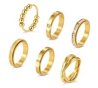 OPFIV Anelli fidget da 4 mm per alleviare l'ansia, set di 6 anelli in acciaio inossidabile per donne e uomini, con perline, a forma di croce, cuore, glitter, sabbiatura, sottili, impilabili, placcati