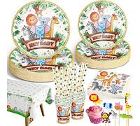 Ophy 134 Pezzi Stoviglie per Feste di Compleanno, Stoviglie per Feste Animali Giungla 25 Ospiti Decorazione Compleanno Della Giungla Stoviglie Include Cannucce, Piatti, Bicchieri, Velina, Tovaglie