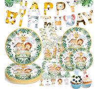 Ophy Stoviglie per Feste Animali Giungla,134 Pezzi Stoviglie per Feste di Compleanno per Bambini con Striscione di Compleanno con Animali Piatti di Carta Tovaglioli, Stoviglie Animali della Giungla