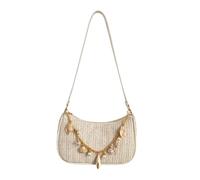 Opilroyn Straw Bag - Shell Pearl Woven Tote Handbag with Charm Chain