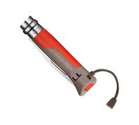 Opinel - N°08 Coltello Outdoor Multifunzionale - Lama di 8,5 cm in Acciaio Inossidabile, Manico in Polimero e Fibra di Vetro - Zona Seghettata, Disclavator, Fischietto - Terra-Rossa