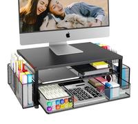 OPNICE Supporto per monitor a 2 livelli con cassetto e 2 portapenne, supporto per laptop, accessori da scrivania per ufficio, nero