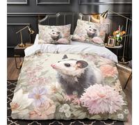 Opossum carino Set Di Copripiumino 3 pezzi microfibra stampa 3D con federe per cuscini con cerniera incluso federe giardino floreale copripiumino for bambini e adolescenti Single（140x200cm）