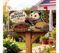 Opossum, Coperture magnetiche per cassette postali, rustiche vintage, ciliegie e bacche, estive, verdi, decorazione per porta d'ingresso, 53 x 64 cm