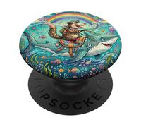 Opossum Riding Shark Rainbow Cute Ocean Animal PopSockets PopGrip Adesivo