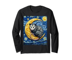 Opossum su Una Mezzaluna Van Gogh Notte Stellata Style Art Maglia a Manica